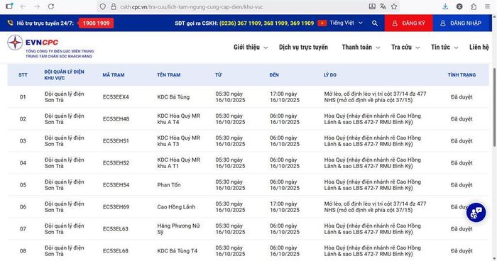 Lịch cắt điện Đà Nẵng ngày 16/10 cập nhật tại website của EVNCPC. Ảnh: BNEWS/TTXVN