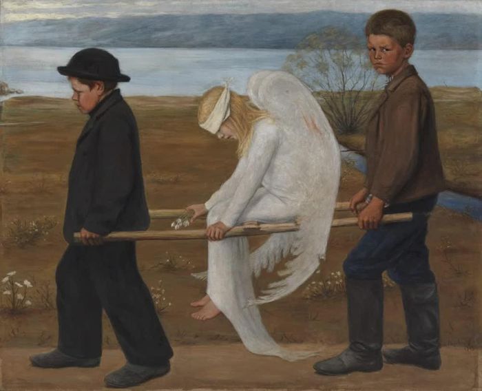 “Thiên thần bị thương” (Haavoittunut enkeli) Hugo Simberg vẽ năm 1903, thuộc bộ sưu tập của Bảo tàng Nghệ thuật Ateneum, Helsinki