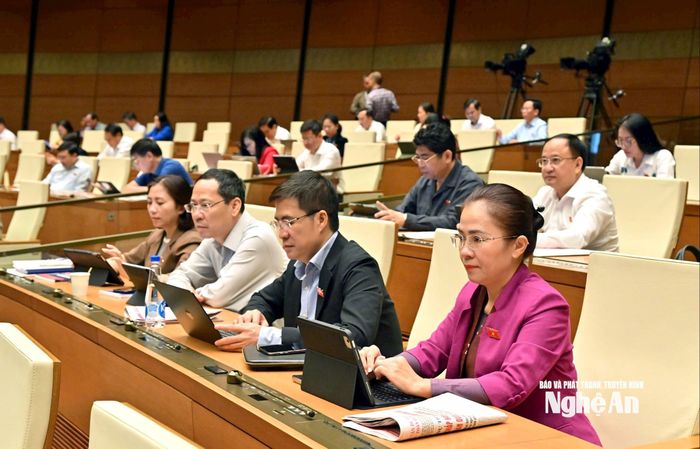 Đồng chí Võ Thị Minh Sinh - Phó Bí thư Tỉnh ủy, Chủ tịch Ủy ban MTTQ Việt Nam tỉnh, Trưởng Đoàn đại biểu Quốc hội tỉnh Nghệ An và các đại biểu dự họp. Ảnh: Nam An