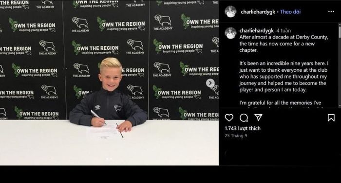 Charlie Hardy đăng bài chia tay Derby County (Ảnh: Instagram).