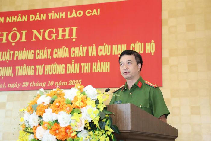 Đại tá Bùi Quang Việt - Phó Cục trưởng Cục PCCC&CNCH, Bộ Công an phát biểu tại hội nghị.