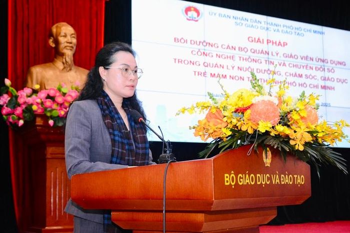 Bà Lê Thụy Mỹ Châu cho biết bồi dưỡng, nâng cao năng lực số cho cán bộ, giáo viên mầm non là nhiệm vụ trọng tâm - Ảnh: VGP/Thu Trang