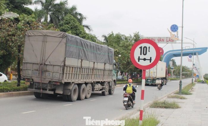  Xe tải loại 5 đến 6 trục (trên 10 tấn) nối đuôi nhau vi phạm biển cấm chạy từ hướng QL5 vào một tuyến đường ở xã Như Quỳnh trong sáng 5/11. 