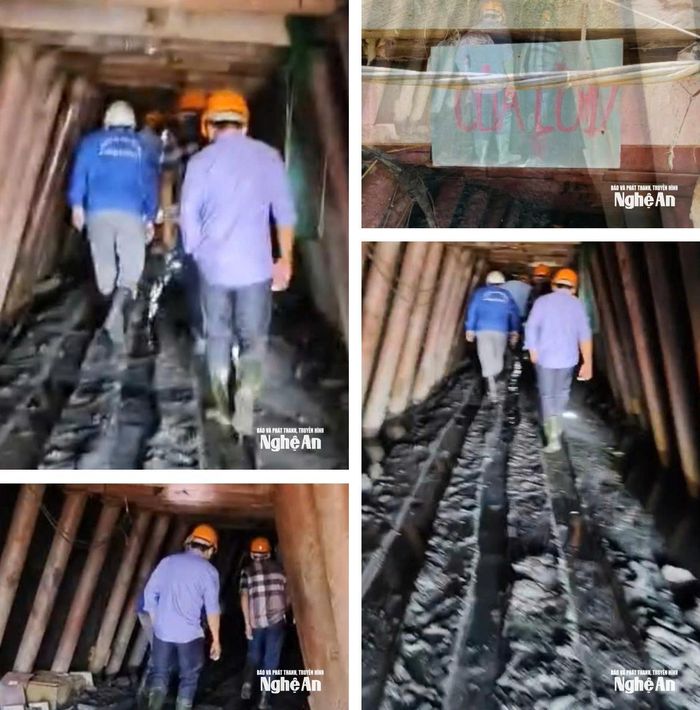 Đoàn công tác UBND huyện Quỳ Hợp vào bên trong hầm lò của Công ty TNHH Thiếc Hà An tìm nguyên nhân dẫn đến nguồn nước bất thường. Ảnh tư liệu: CSCC