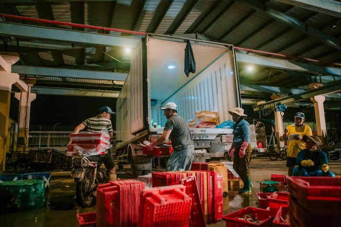 Sau những ngày đóng cửa vì bão số 13, chợ cá Thọ Quang tấp nập người mua kẻ bán trở lại. Ảnh: NGỌC HIẾU
