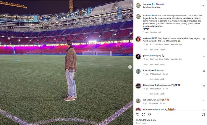 Bài đăng của Messi về chuyến thăm Camp Nou viral trên Instagram.