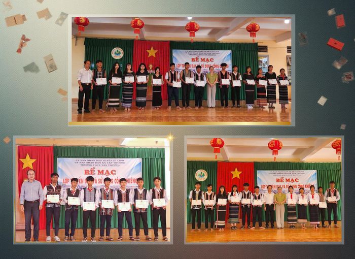 Các em học sinh khóa 2024 - 2025 đã tốt nghiệp và được cấp giấy chứng nhận hoàn thành lớp học cồng chiêng