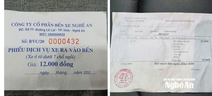 Một vé vào bến có giá 12.000 đồng (bên trái), và vé 25.000 đồng ghi là bảng kê giá dịch vụ bến xe (bên phải), tại Bến xe chợ Vinh. Ảnh: PV
