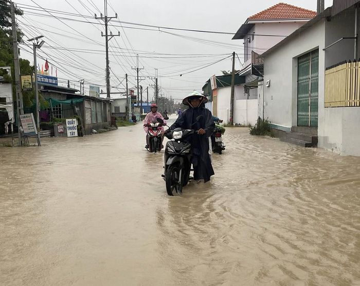 Đường giao thông liên xã nối Thuận Nam với Phước Dinh (Khánh Hòa) ngập trong nước. Ảnh: Công Thử - TTXVN