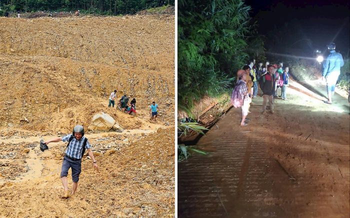 Thầy, cô giáo Trường Phổ thông Dân tộc bán trú tiểu học Chu Văn An (xã Trà Tập) lặn lội đến từng thôn nóc, động viên học trò ra lớp. Ảnh: QUÂN VINH