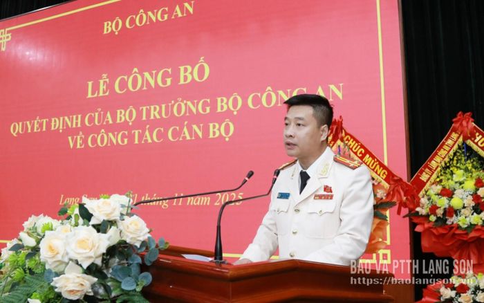 Thượng tá Vũ Thanh Tùng, tân Giám đốc Công an tỉnh phát biểu nhận nhiệm vụ