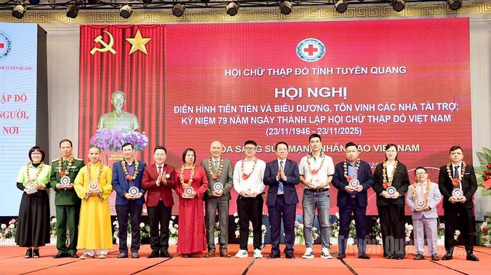 Đồng chí Trần Mạnh Lợi, Ủy viên Ban Thường vụ Tỉnh ủy, Trưởng Ban Tuyên giáo và Dân vận Tỉnh ủy và lãnh đạo Hội Chữ thập đỏ tỉnh trao biểu trưng tôn vinh các đơn vị có thành tích trong hoạt động nhân đạo trên địa bàn tỉnh.