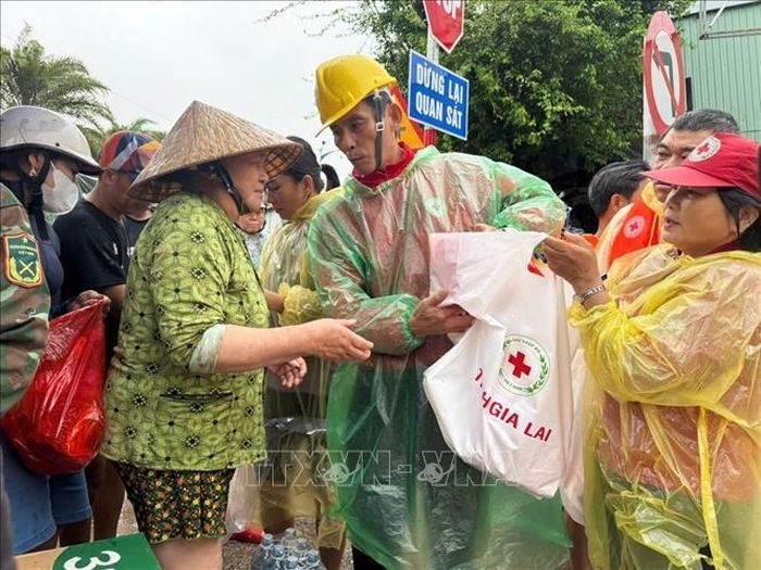 Hỗ trợ lương thực, thực phẩm, nước uống thiết yếu cho người dân vùng ngập lụt ở Gia Lai. Ảnh: Trịnh Bang Nhiệm/TTXVN