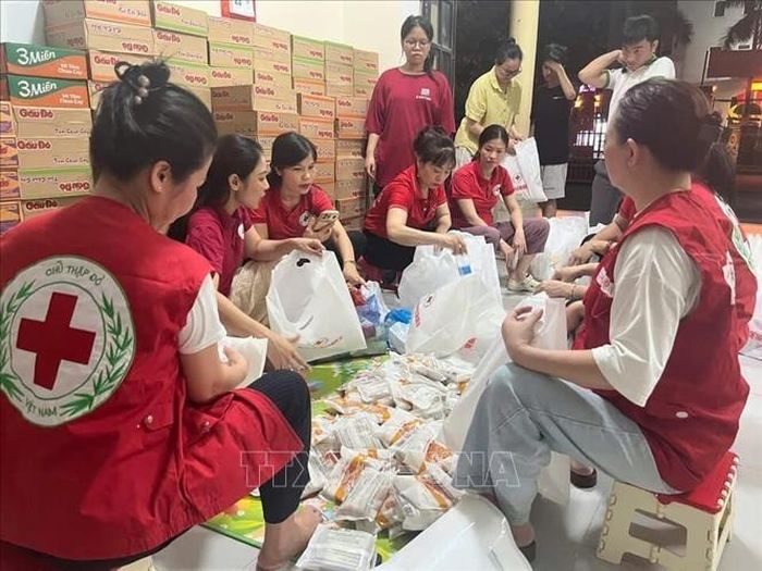 Hội Chữ thập đỏ Việt Nam cứu trợ khẩn cấp người dân vùng lũ Nghệ An. Ảnh: TTXVN phát