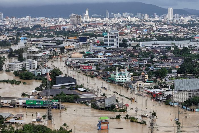 Khung cảnh ngập lụt diện rộng tại Hat Yao. Tại miền Nam Thái Lan, mưa lớn kéo dài đã gây ngập ở 10 tỉnh, ảnh hưởng đến đời sống của khoảng 1,9 triệu người. Một số nơi ghi nhận lượng mưa tích lũy gần 400 mm, khiến nước sông dâng cao, tràn bờ và gây ra các trận lũ quét nguy hiểm. Ảnh: Reuters.