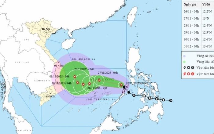 Hướng di chuyển của bão số 15 ngày 26/11. Ảnh: TTXVN phát