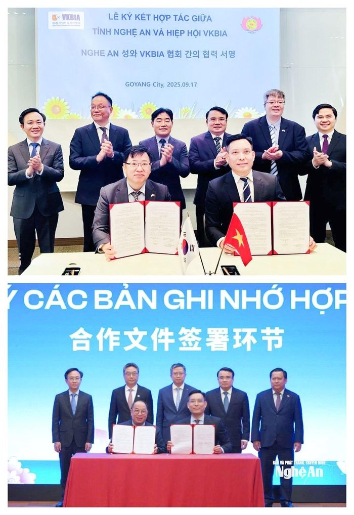 Đoàn công tác tỉnh Nghệ An chứng kiến lễ ký kết giữa Hiệp hội Doanh nghiệp Việt Nam - Hàn Quốc và Hiệp hội Doanh nghiệp Việt Nam - Trung Quốc với Sở Ngoại vụ Nghệ An. Ảnh: CSCC