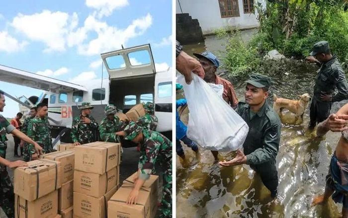 Các đội cứu hộ ở Indonesia (trái) và Sri Lanka nỗ lực tiếp cận, phân phối nhu yếu phẩm thiết yếu đến nạn nhân còn mắc kẹt. Ảnh: AFP