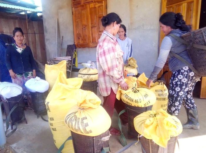 Các chi hội phụ nữ xã Avương vận động hàng trăm ký gạo tặng các hộ gia đình bị sập nhà, sạt lở do mưa lũ. Ảnh: HIỀN THÚY
