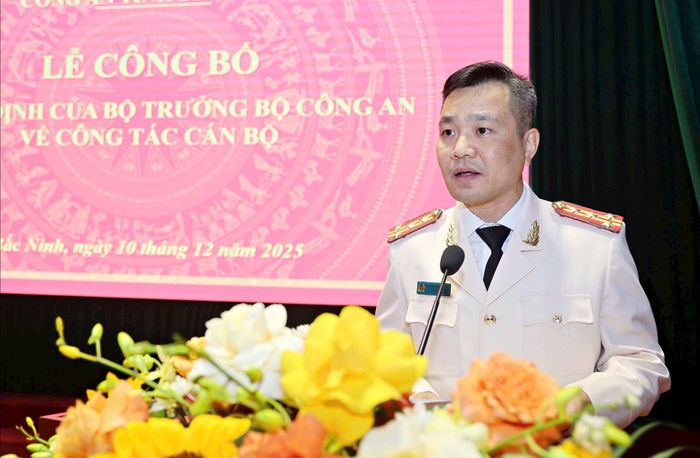 Đồng chí Đại tá Nguyễn Quốc Vương - Phó Giám đốc Công an tỉnh Bắc Ninh phát biểu tại Lễ công bố.