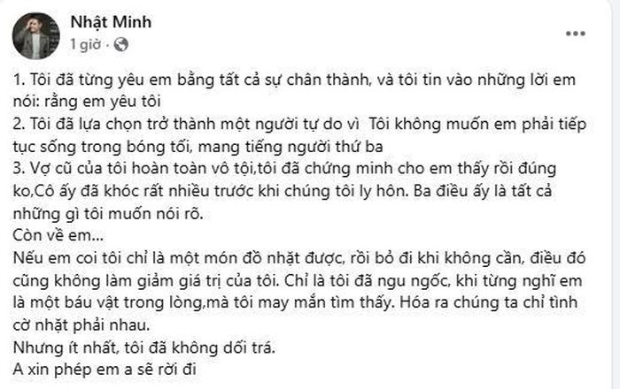 Nhật Minh gây sốc khi viết bài đăng thừa nhận trở thành người tự do vì không muốn cô gái này bị mang tiếng là người thứ 3