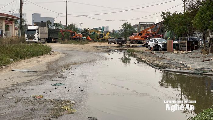 Chị Nguyễn Thị Nhung (gia đình sống trên trục đường Lê Ninh, phường Vinh Hưng) chia sẻ: "Phần đất đã giải phóng mặt bằng để lâu ngày hoang hóa, cỏ mọc um tùm, rác tràn lan, nhìn rất nhếch nhác. Trời mưa thì đọng nước, trời nắng thì bụi mù. Chúng tôi mong dự án sớm triển khai lại". Ảnh: Vĩnh Hoàng