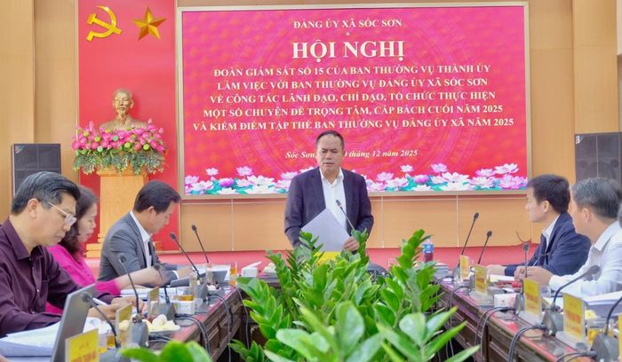 Trung tướng Nguyễn Thanh Tùng, Giám đốc Công an thành phố Hà Nội, Trưởng đoàn giám sát số 15 của Ban Thường vụ Thành ủy phát biểu tại cuộc làm việc. Ảnh: Tùng Trọng