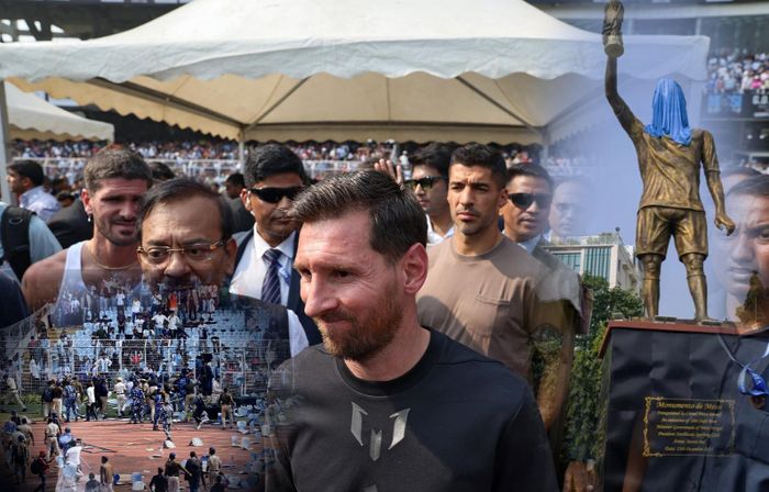  Hình ảnh cho thấy đám đông tràn xuống sân, khiến tình hình nhanh chóng mất kiểm soát. Messi chỉ di chuyển một vòng ngắn, vẫy tay chào người hâm mộ rồi phải rút lui khi các vật thể lạ bay xuống sân từ khán đài. Thậm chí bức tượng cao 21 m vừa mới khành thành để chào đón Leo cũng bị CĐV Ấn Độ bôi nhọ. 