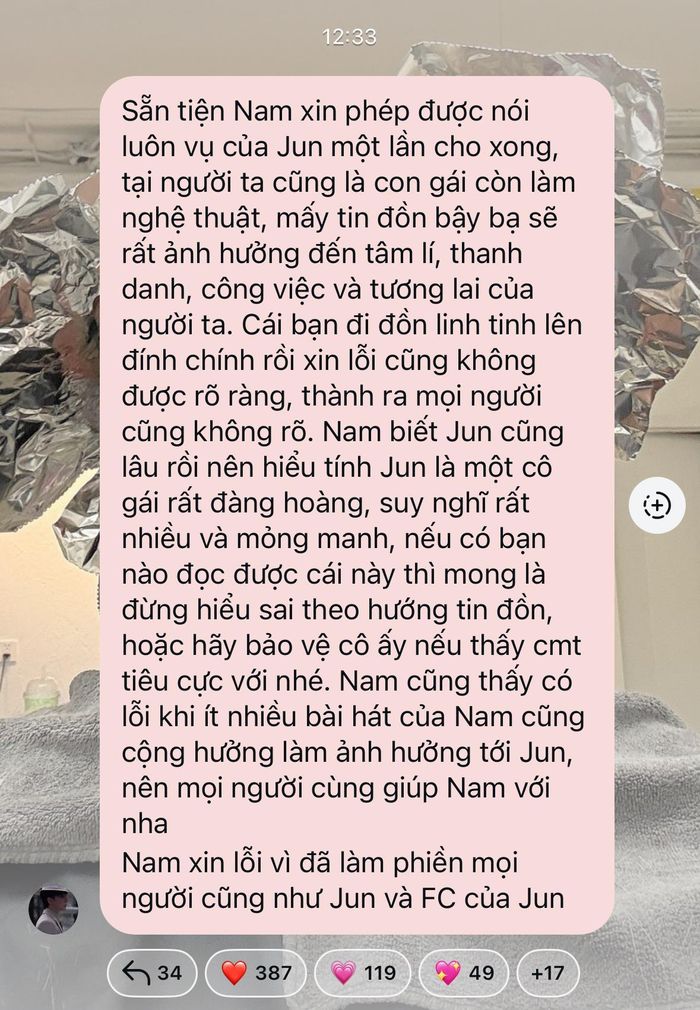 Hải Nam chính thức phản hồi, đính chính thông tin sai lệch về Jun Vũ