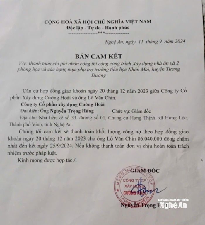 Bản cam kết của giám đốc công ty. Ảnh: Tiến Hùng
