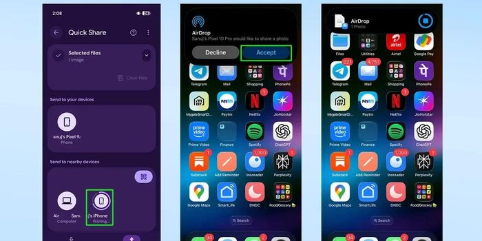 Chọn thiết bị iPhone xuất hiện trên giao diện Quick Share của Pixel.