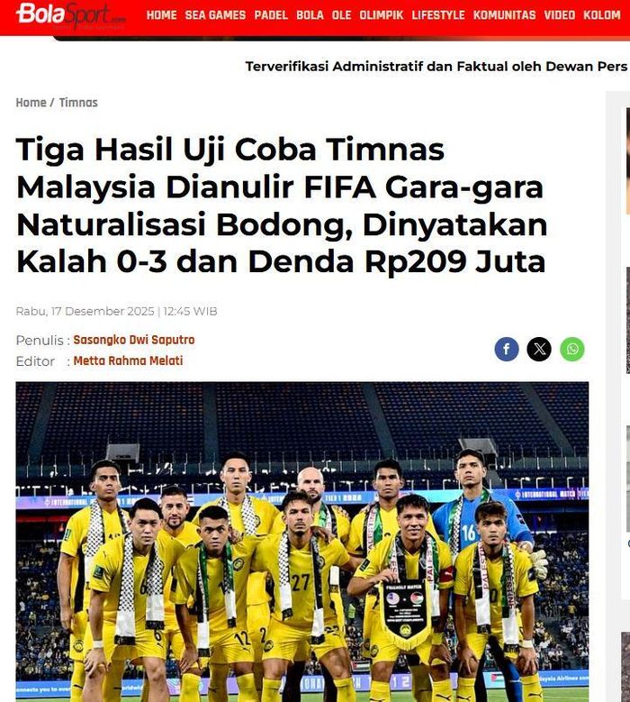 Tờ Bola Sport (Indonesia) phản ứng vụ Malaysia bị FIFA xử thua 3 trận (Ảnh: chụp màn hình).