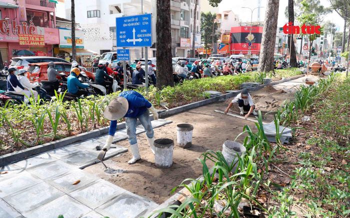 Việc thi công vỉa hè được các công nhân thực hiện khẩn trương, liên tục.
