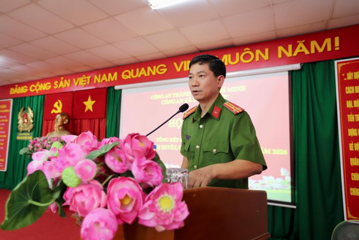 Thượng tá Lê Mạnh Hà, Trưởng Công an xã Hiệp Phước phát biểu