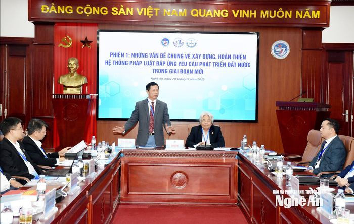GS.TS Võ Khánh Vinh – nguyên Phó Chủ tịch Viện Hàn lâm khoa học xã hội Việt Nam, Phó Chủ tịch Hội đồng Giáo sư ngành Luật học và TS Đinh Ngọc Thắng – Hiệu trưởng Trường Khoa học Xã hội và Nhân văn, Trường Đại học Vinh chủ trì hội thảo. Ảnh: Công Kiên