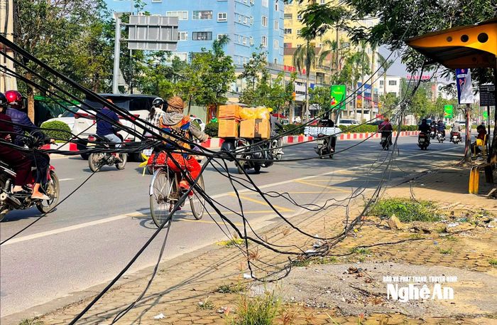 Dây cáp sà xuống vỉa hè đường Mai Hắc Đế, phường Vinh Hưng. Ảnh: Q.A
