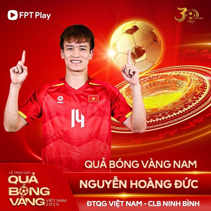 Hoàng Đức có lần thứ ba giành Quả bóng vàng nam Việt Nam. Ảnh: BTC