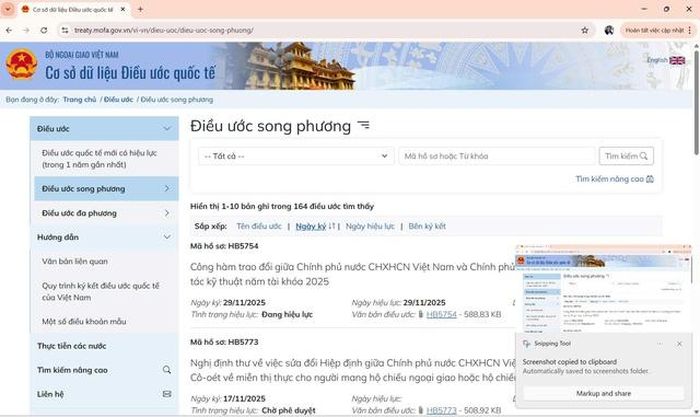 Trang chủ Cơ sở dữ liệu quốc gia về điều ước quốc tế của Bộ Ngoại giao. (Ảnh chụp màn hình)