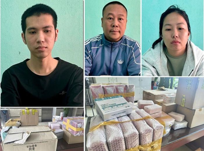 Các đối tượng (từ trái qua phải): Phạm Nhất Duy, Nguyễn Doanh Thương và Nguyễn Thị Thanh Nhàn cùng tang vật vụ án. Ảnh: Công an Thanh Hóa