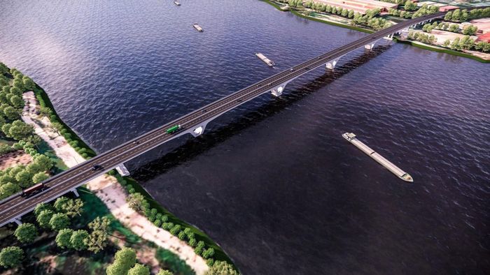 Dự án cầu Vân Phúc có tổng chiều dài 7,77km. Điểm đầu tuyến giao với đường QL32 xã Phúc Thọ. Điểm cuối tuyến tiếp nối với dự án tuyến giao thông kết nối từ đê tả sông Hồng đến cầu Vân Phúc (ranh giới hành chính giữa Hà Nội và Phú Thọ). Trong đó, chiều dài cầu chính gần 3km, bề rộng cầu 20,5m. Dự án có tổng mức đầu tư khoảng 3.443 tỷ đồng, khởi công ngày 19/8, dự kiến hoàn thành trong năm 2027 (Ảnh phối cảnh dự án).
