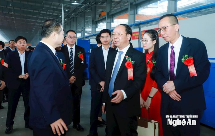 Đồng chí Bùi Thanh An - Ủy viên Ban Thường vụ Tỉnh ủy, Phó Chủ tịch Thường trực UBND tỉnh trao đổi với Chủ tịch Tập đoàn Tianneng Trương Thiên Nhiệm. Ảnh: Thành Duy