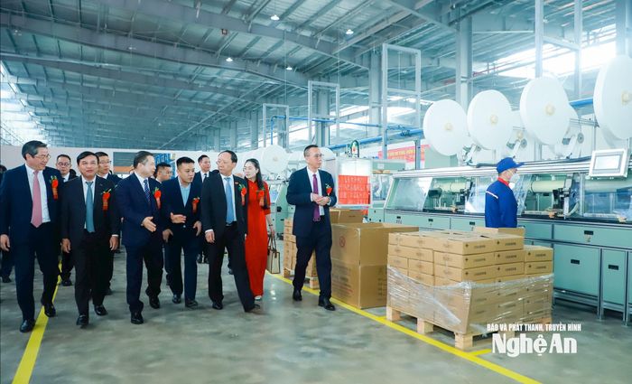 Đồng chí Bùi Thanh An - Ủy viên Ban Thường vụ Tỉnh ủy, Phó Chủ tịch Thường trực UBND tỉnh thăm dây chuyền sản xuất ắc quy tính năng cao tại Nhà máy của Tập đoàn Tianneng tại Khu công nghiệp Hoàng Mai II, phường Hoàng Mai. Ảnh: Thành Duy