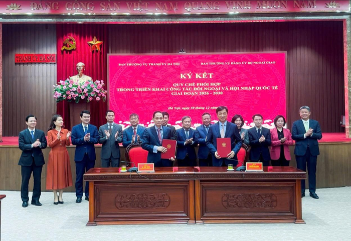 Quang cảnh lễ ký Quy chế phối hợp trong triển khai công tác đối ngoại và hội nhập quốc tế. Ảnh: QUANG HÒA
