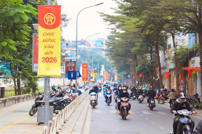 Tuyến phố Nguyễn Đình Chiểu (phường Hai Bà Trưng) rực rỡ băng rôn, tạo điểm nhấn chào đón năm mới.