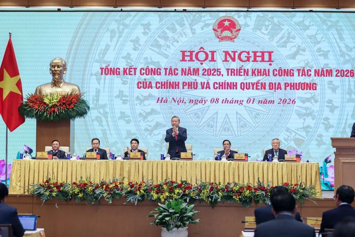 Tổng Bí thư Tô Lâm và các đồng chí lãnh đạo chủ chốt tại Hội nghị toàn quốc Chính phủ và chính quyền địa phương.