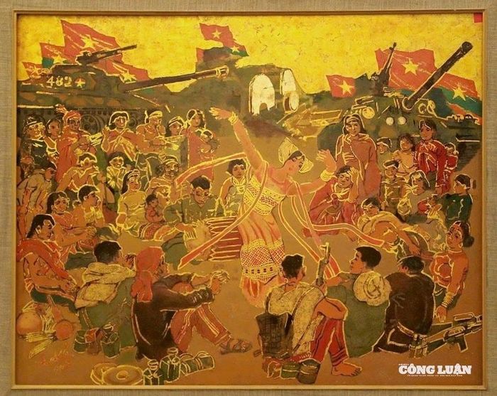 Tranh sơn mài “Ghi chép tại chiến trường Tây Nguyên” của Trần Hữu Chất - một trong số các tác phẩm được bàn giao cho Bảo tàng Mỹ thuật Việt Nam trong lần này