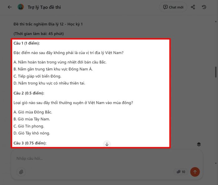 Ngay sau đó, ChatBotX sẽ tự động tạo ra một bộ đề thi hoàn chỉnh.