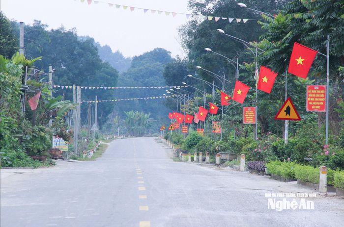 Nông thôn Nghệ An được trang trí cờ Tổ quốc rực đỏ chào mừng Đại hội XIV của Đảng. Ảnh: Mai Hoa