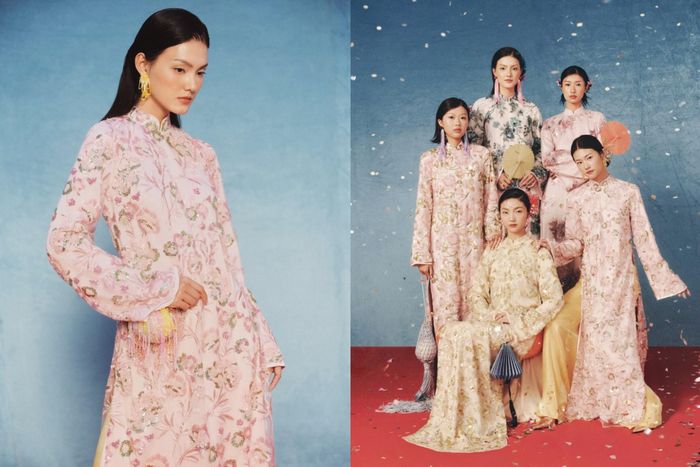 Áo dài đính kết kỳ công, kim sa và ánh kim. Ảnh: Xéo Xọ