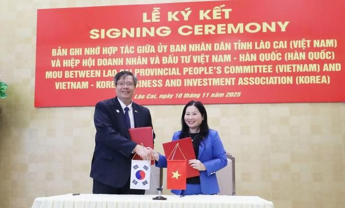  Chủ tịch Hiệp hội Doanh nhân và Đầu tư Việt Nam - Hàn Quốc Trần Hải Linh và Phó Chủ tịch Ủy ban nhân dân tỉnh Lào Cai Vũ Thị Hiền Hạnh ký Bản ghi nhớ hợp tác. (Ảnh: VKBIA) 